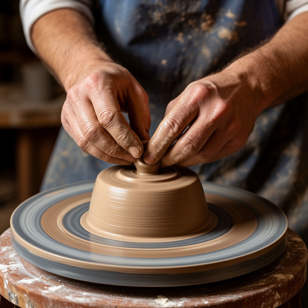 Potter shaping clay vessel on spinning wheel in studio