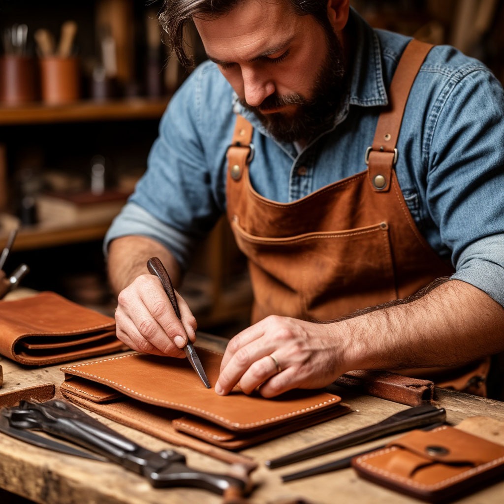 Artisan working on leather goods with tools